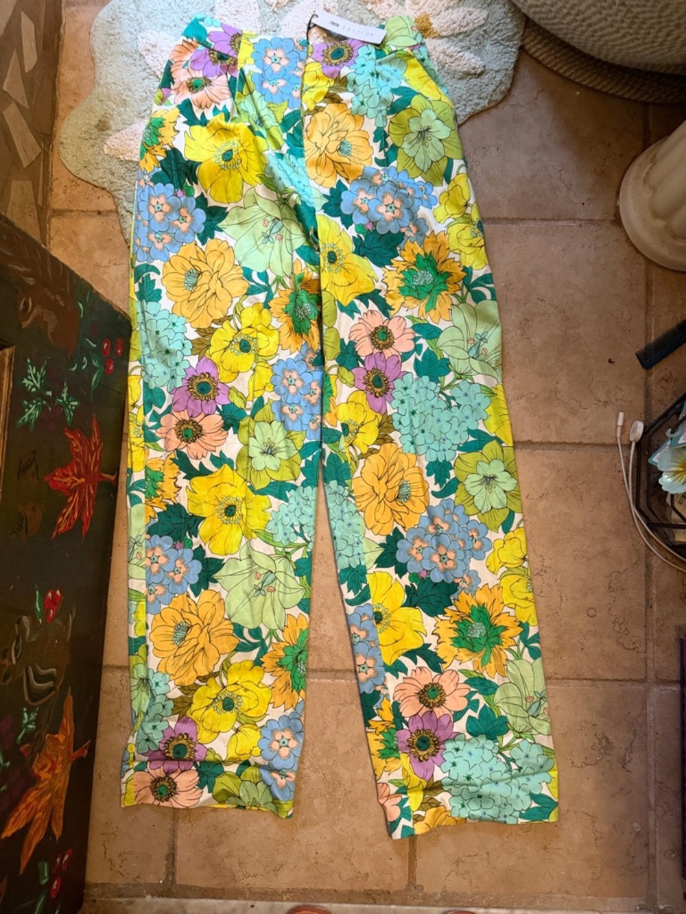 ASOS Floral Wide-Leg Pants in Yellow, Green, Blue
